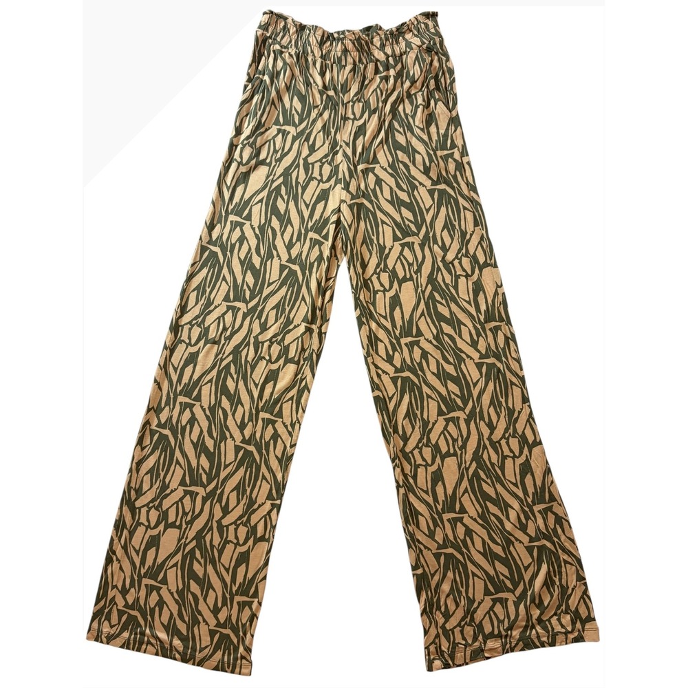 LASCANA Wide Leg Pull-On Print Pants Women's US 6 EU 38 Olive Tan